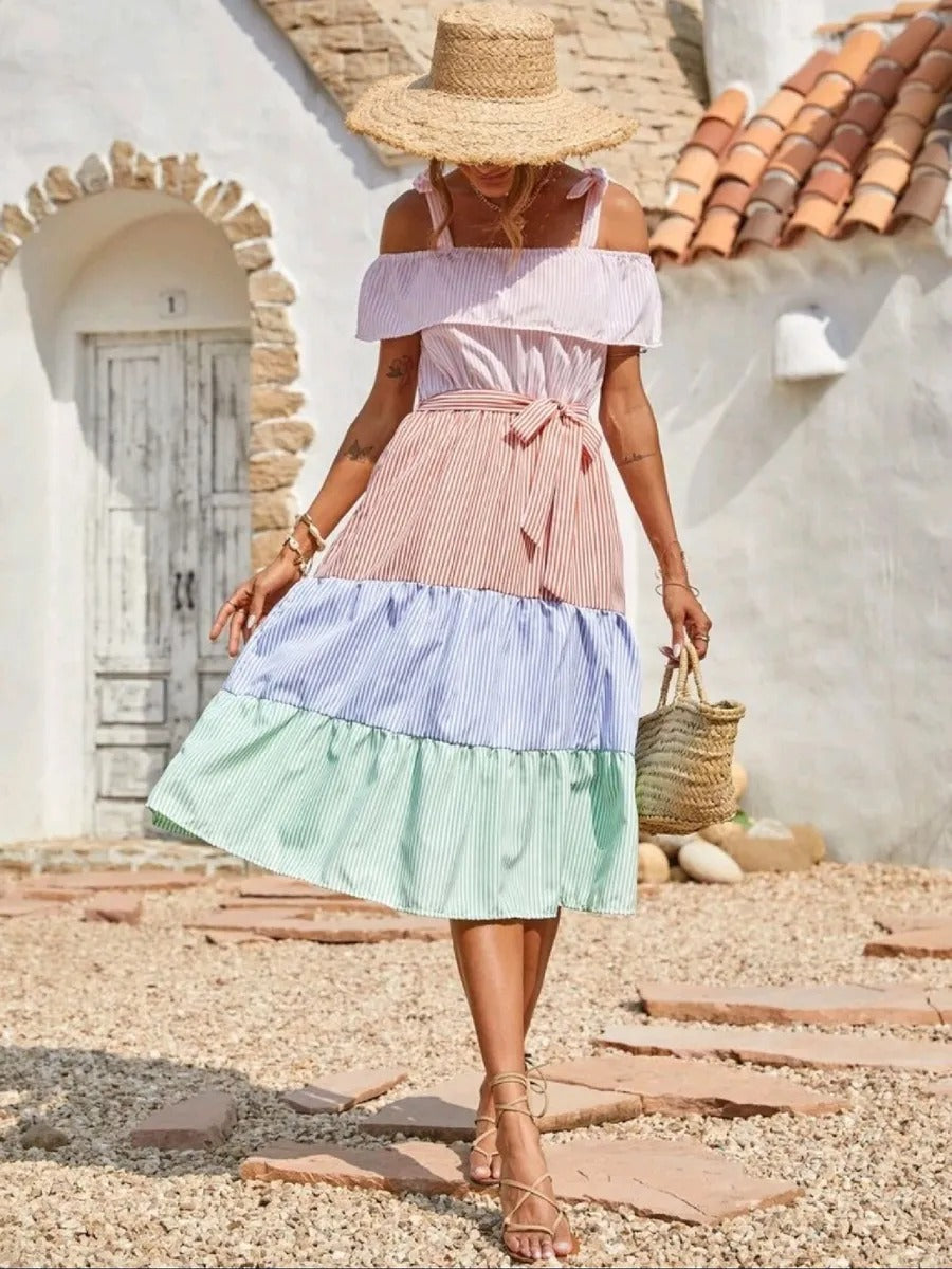 Vestido Plissado listrado boho multicolor *** pronta entrega *** Caru Store