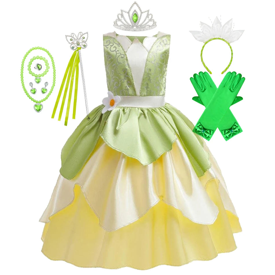 Fantasia Princesa Tiana Infantil – Vestido de Festa Cosplay com Acessórios | Carnaval, Halloween, Aniversário CaruStore