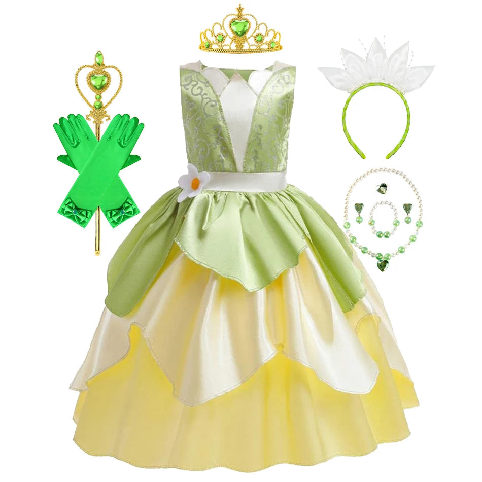 Fantasia Princesa Tiana Infantil – Vestido de Festa Cosplay com Acessórios | Carnaval, Halloween, Aniversário CaruStore
