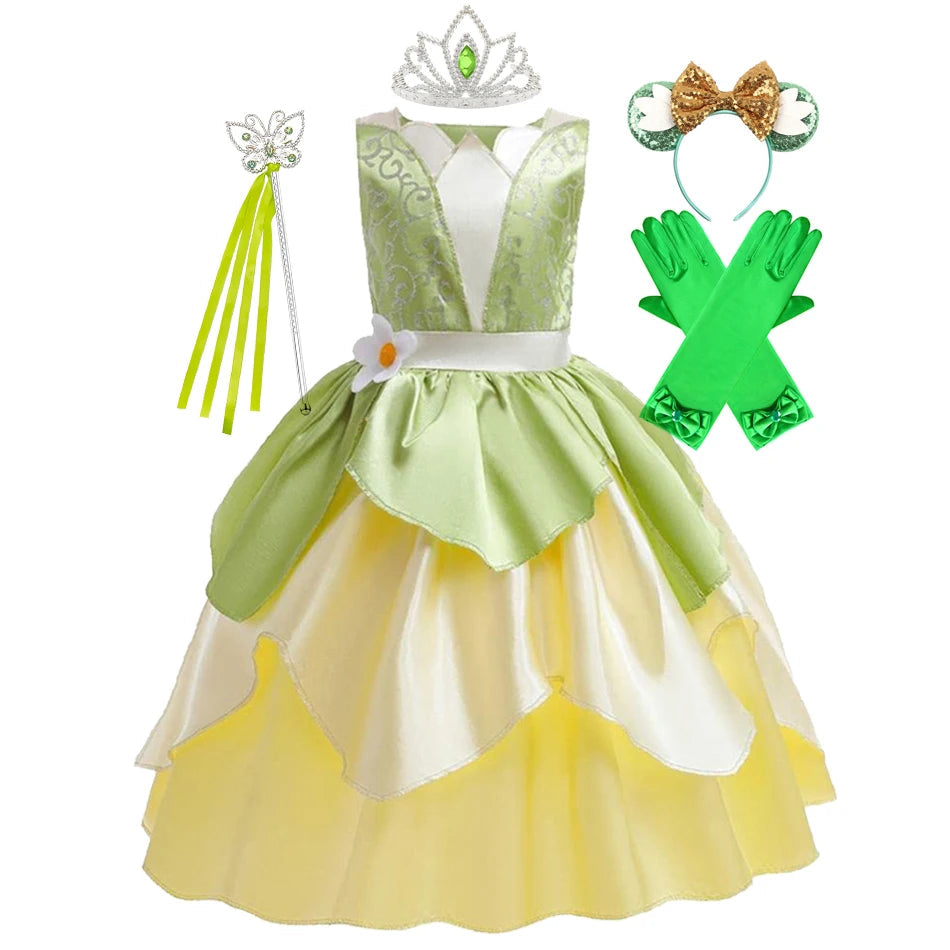 Fantasia Princesa Tiana Infantil – Vestido de Festa Cosplay com Acessórios | Carnaval, Halloween, Aniversário CaruStore