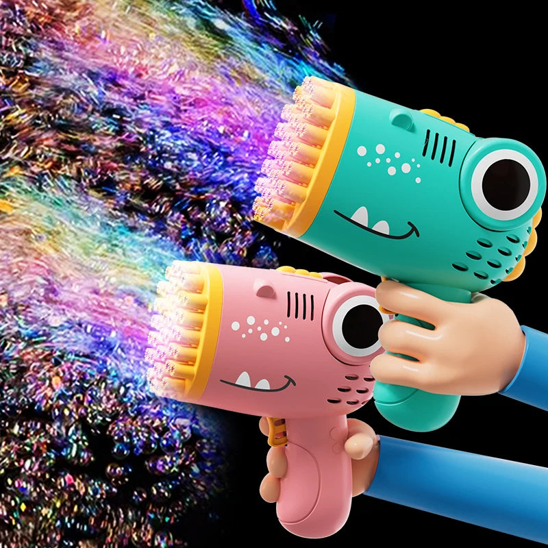 Handheld Dinosaur Bubble Machine Pistola elétrica, brinquedo de festa de casamento ao ar livre sem água bolha, 40 buracos CaruStore