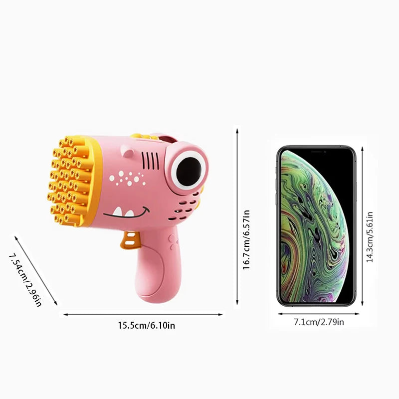 Handheld Dinosaur Bubble Machine Pistola elétrica, brinquedo de festa de casamento ao ar livre sem água bolha, 40 buracos CaruStore