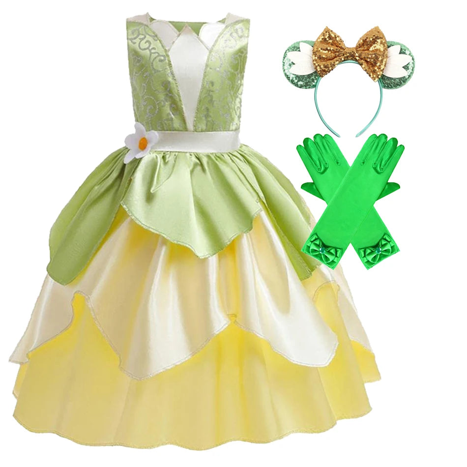 Fantasia Princesa Tiana Infantil – Vestido de Festa Cosplay com Acessórios | Carnaval, Halloween, Aniversário CaruStore