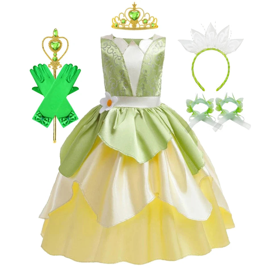 Fantasia Princesa Tiana Infantil – Vestido de Festa Cosplay com Acessórios | Carnaval, Halloween, Aniversário CaruStore