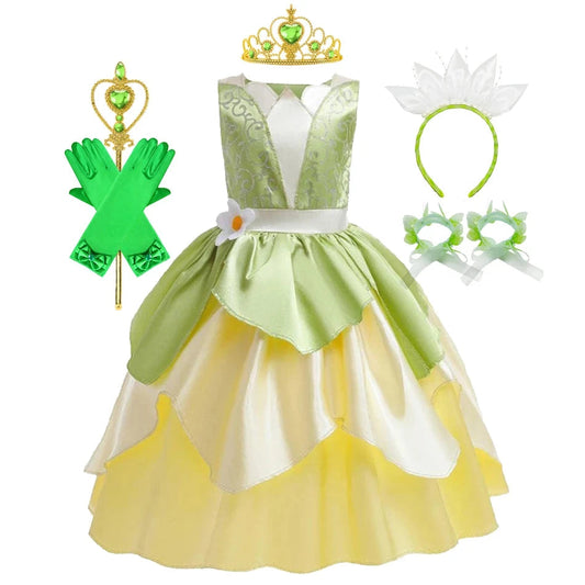 Fantasia Princesa Tiana Infantil – Vestido de Festa Cosplay com Acessórios | Carnaval, Halloween, Aniversário CaruStore