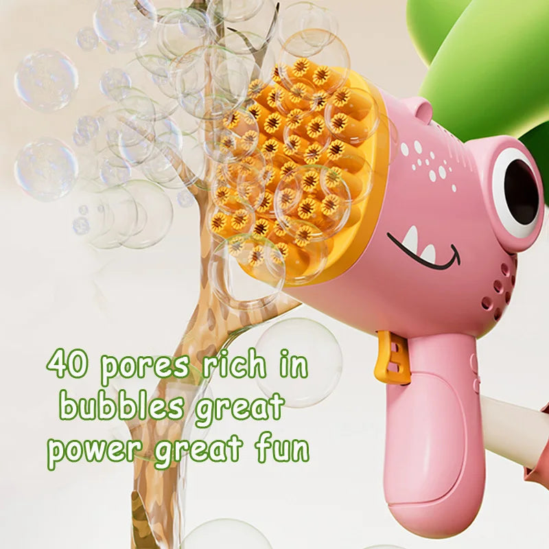 Handheld Dinosaur Bubble Machine Pistola elétrica, brinquedo de festa de casamento ao ar livre sem água bolha, 40 buracos CaruStore
