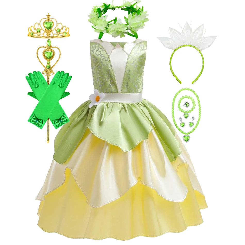 Fantasia Princesa Tiana Infantil – Vestido de Festa Cosplay com Acessórios | Carnaval, Halloween, Aniversário CaruStore