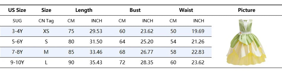 Fantasia Princesa Tiana Infantil – Vestido de Festa Cosplay com Acessórios | Carnaval, Halloween, Aniversário CaruStore