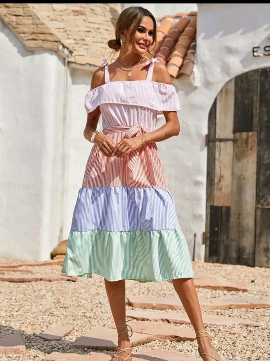 Vestido Plissado listrado boho multicolor  *** pronta entrega *** Caru Store