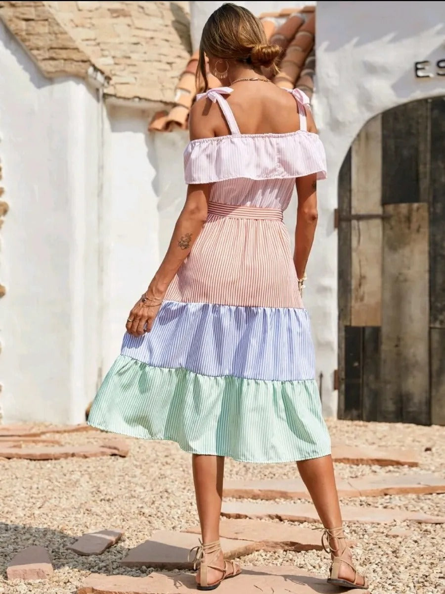 Vestido Plissado listrado boho multicolor  *** pronta entrega *** Caru Store