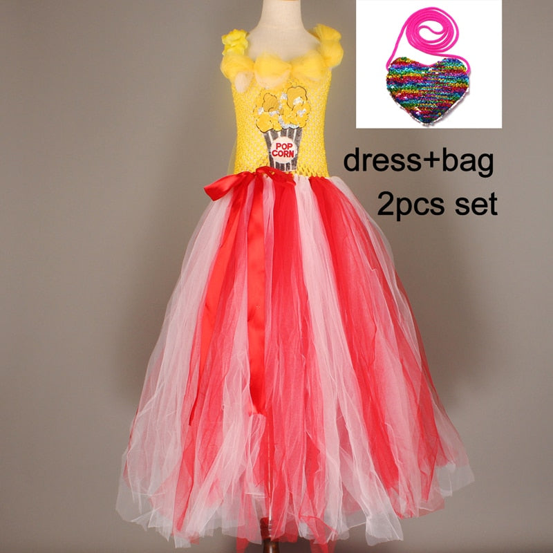 Fantasia infantil pipoca de circo para meninas com bolsa de coração CaruStore